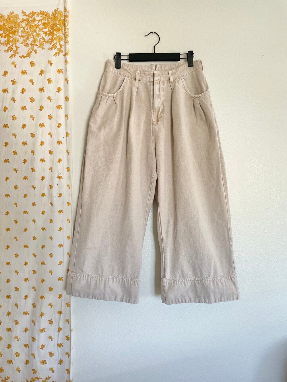 Free People Beige Linen Blend High Rise Wide Leg Cropped Pants